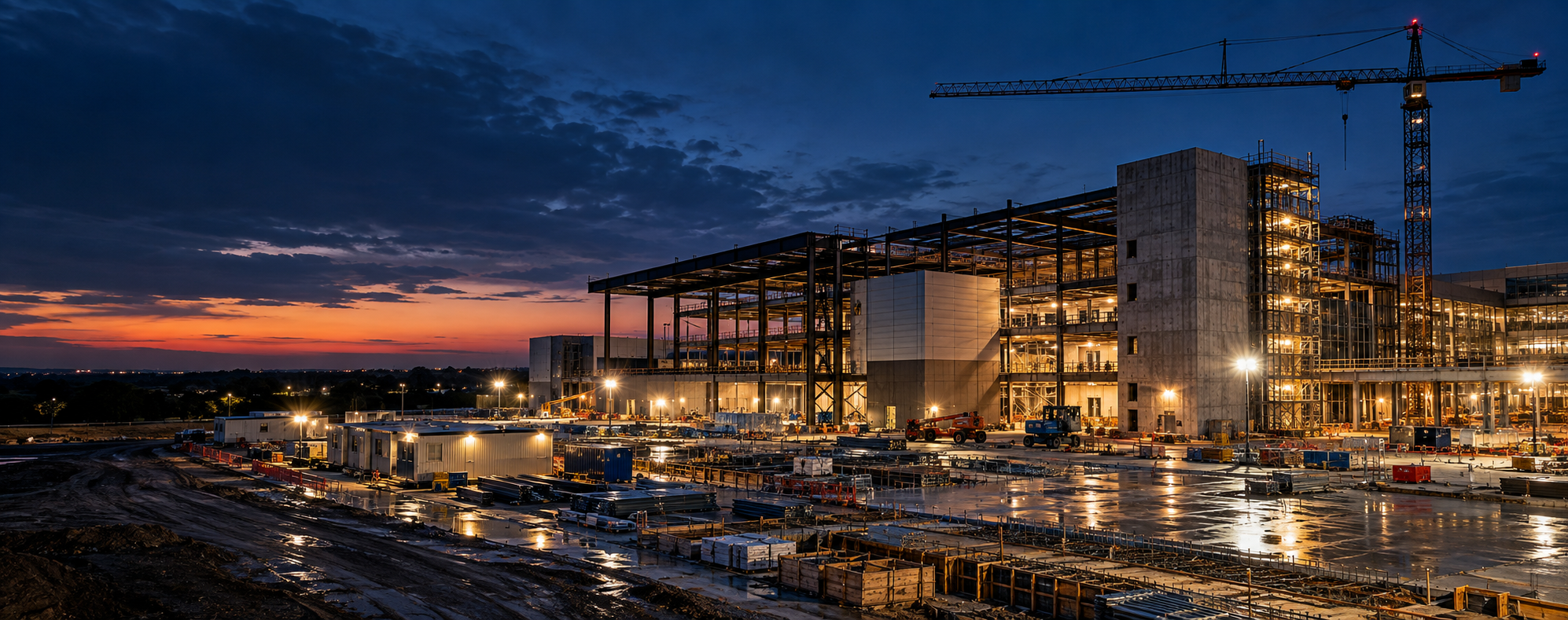 Commercial construction site at dusk